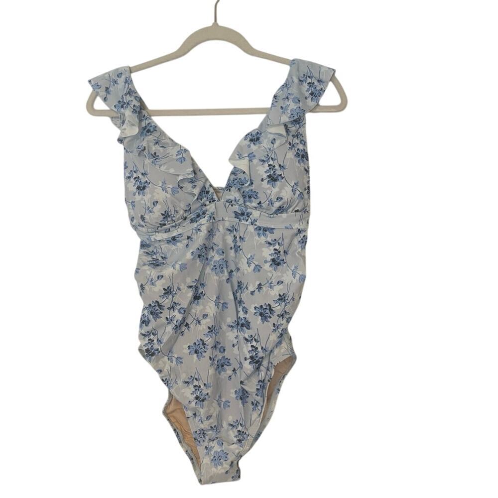 NWT A Pea in the Pod Ruffled Maternity Floral Swimsuit Light Blue Size S